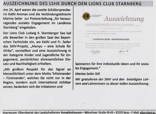 Auszeichnung des LSHK durch den Lions CLub Starnberg